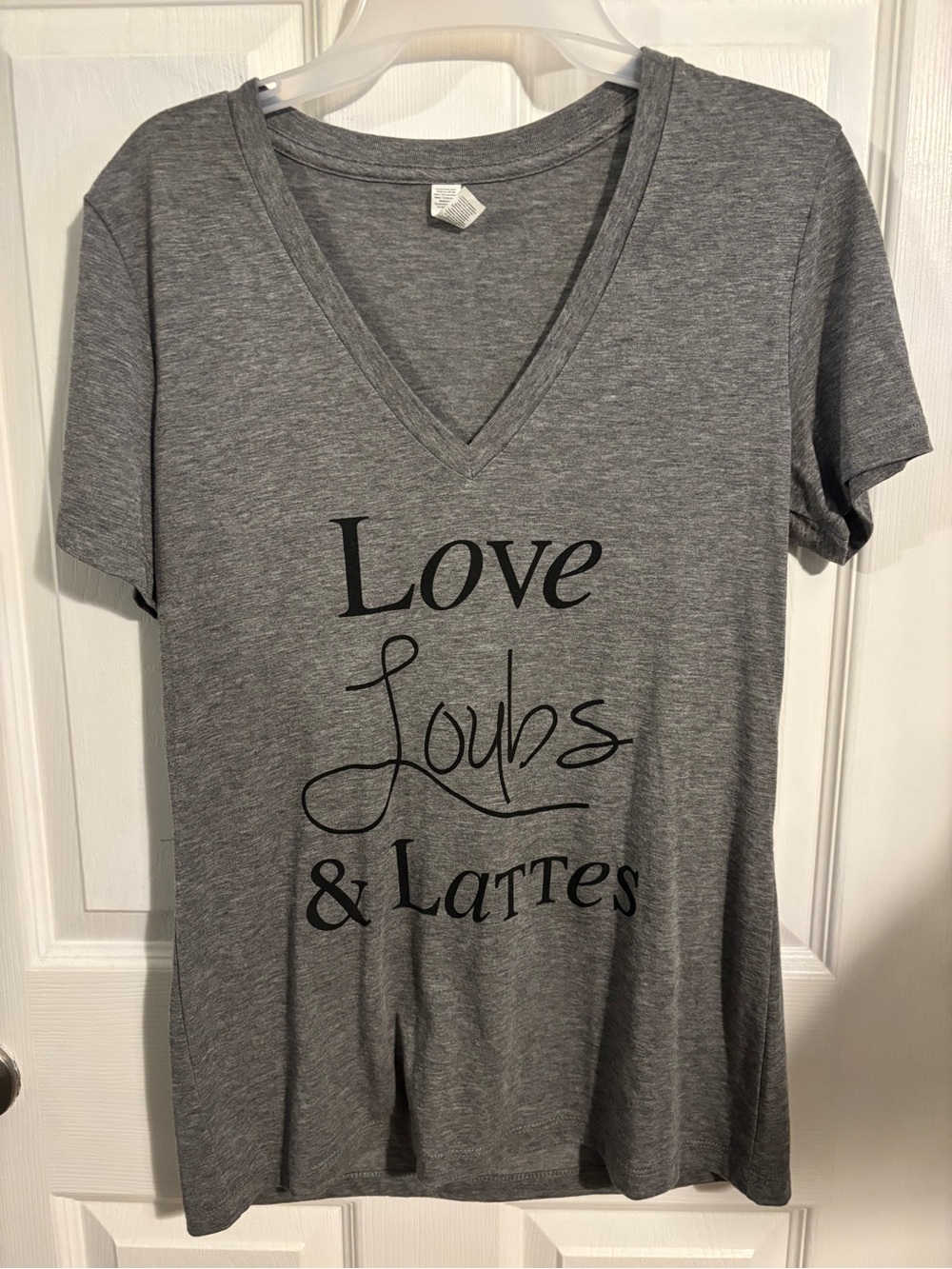 😍Gray V-Neck Tee with "Love Loubs & Lattes" Size Large/XL